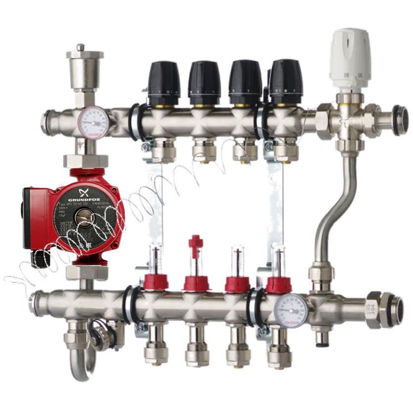 Колектор із триходовим клапаном 1013 неіржавка сталь у зборі з насосом на 2 виходи, фото 1