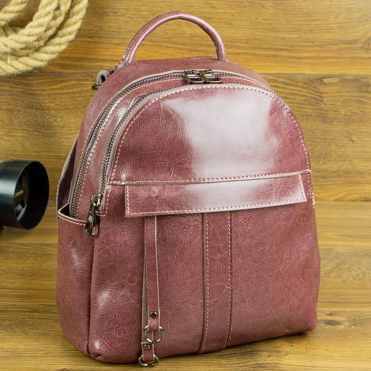 Стильний рюкзак-сумка з натуральної шкіри темно-пудровий, фото 1