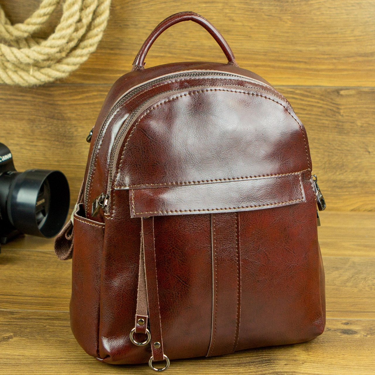 Стильний рюкзак-сумка з натуральної шкіри коричневий