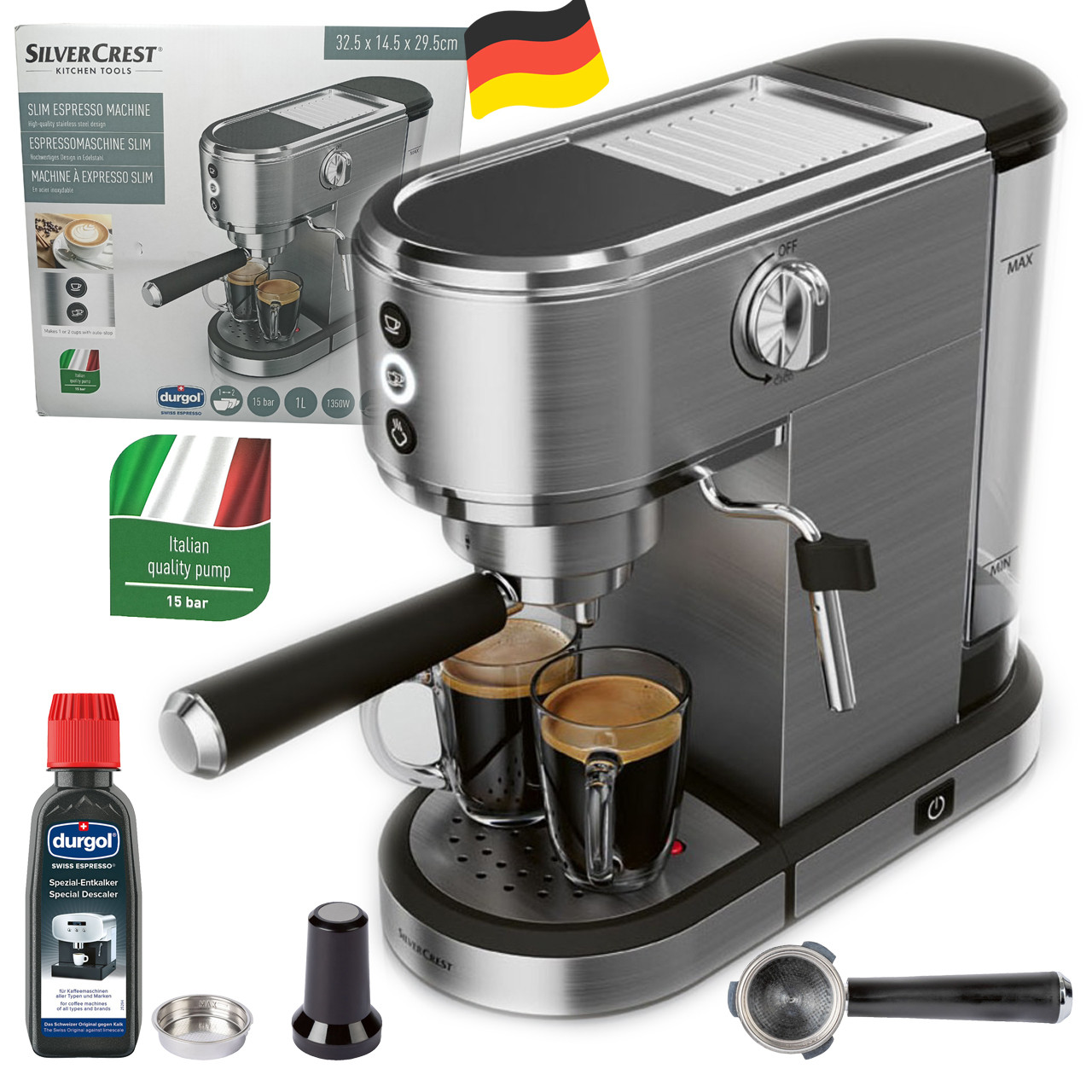 Рожковая кофеварка эспрессо SilverCrest Slim SSMS 1350 B2 (1350 Вт, 15 Бар,  нерж. сталь, Германия) (ID#1650059100), цена: 4849 ₴, купить на