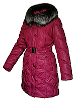 Пуховик пальто женский зимний, натуральный пух, натуральная чернобурка City Classic Малиновый Размер 52