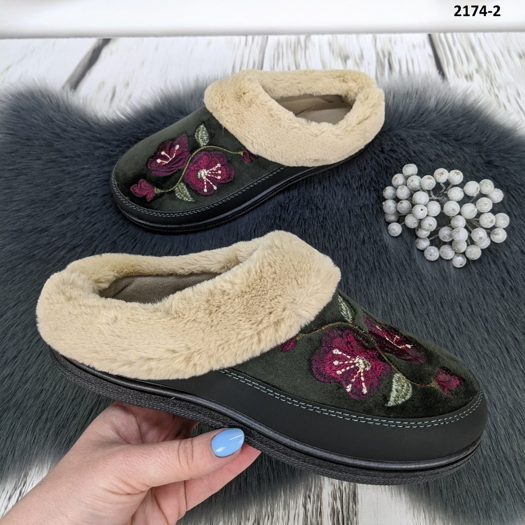 Капці жіночі домашні Dago Style без задника з хутром кольору хакі