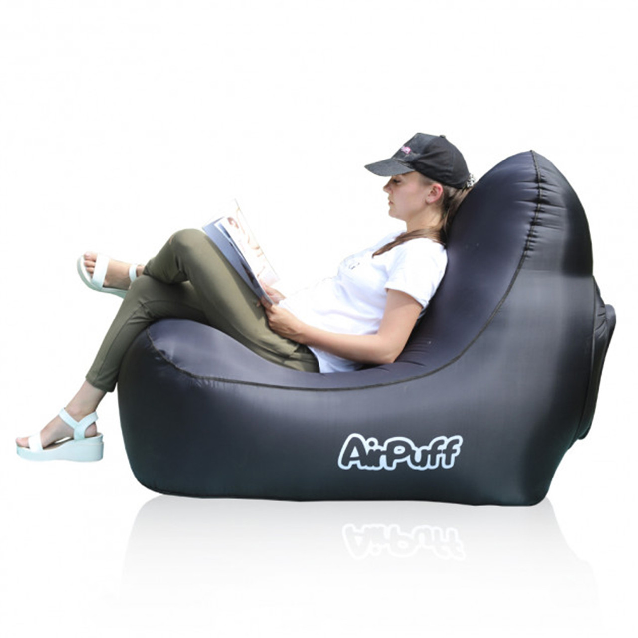 Надувное кресло лежак AirPuff, шезлонг пуф для отдыха на природе и пляже (Black) - фото 4 - id-p1650221582