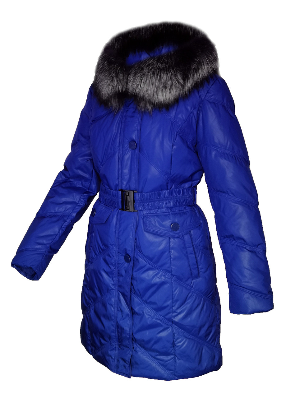 Пуховик пальто жіночий, натуральний пух, хутро чорнобурка, з капюшоном City Classic Яскраво-синій Розмір 48