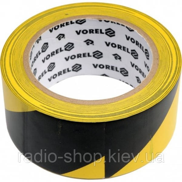Стрічка огорожна ПВХ VOREL самоклейна сигнальна жовто-чорна, V-75231, фото 1