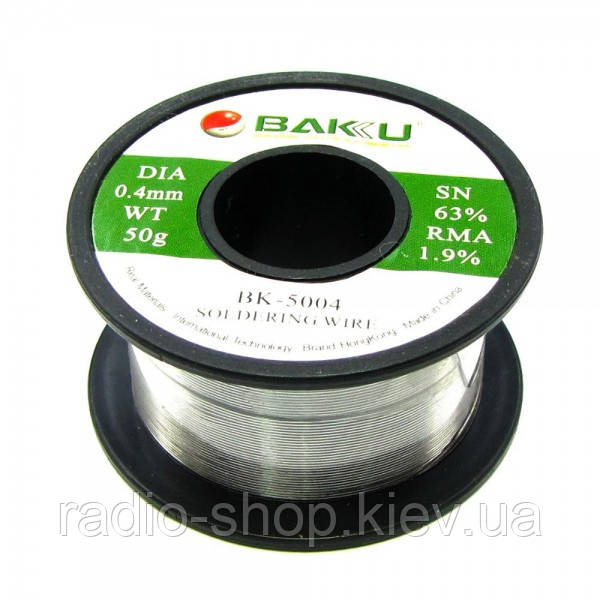 Припій BAKU BK-5004 (0.4 мм, 50 г, Sn 63%, Pb 35.1%, rma 1.9%), фото 1