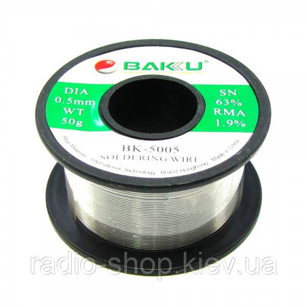 Припій BAKU BK-5005 (0.5 мм, 50 г, Sn 63%, Pb 35.1%, rma 1.9%), фото 1