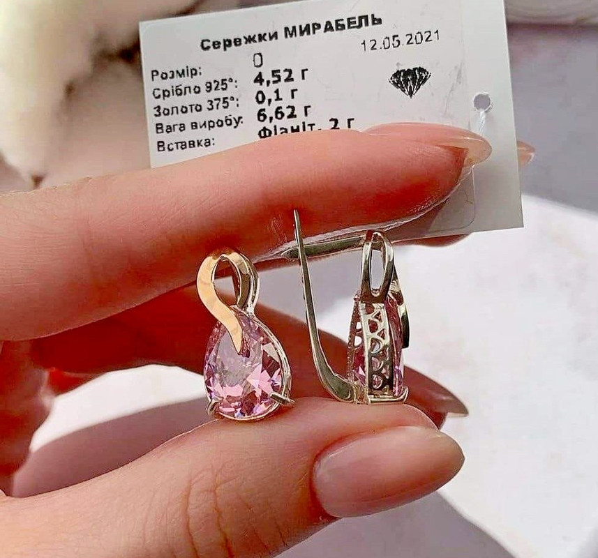 Сережки в срібрі та золоті з фіанітом каплеподібної форми в рожевому кольорі Мірабель