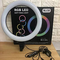 Кольцевая лампа цветная светодиодная RGB 38 см LED MJ38 с пультом для селфи блогеров фото тик тока со штативом