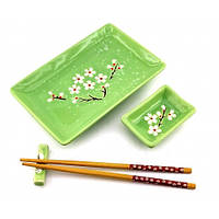 Сервиз для суши Сакура на зеленом фоне керамический на 1 персону