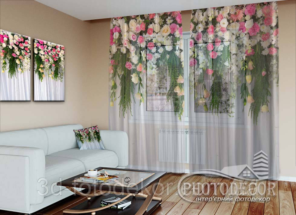 3D - Фото Тюль "Ламбрекени з троянд", висота - 2,86м, ширина - 2,02м (2 полотна 1,01м), тасьма