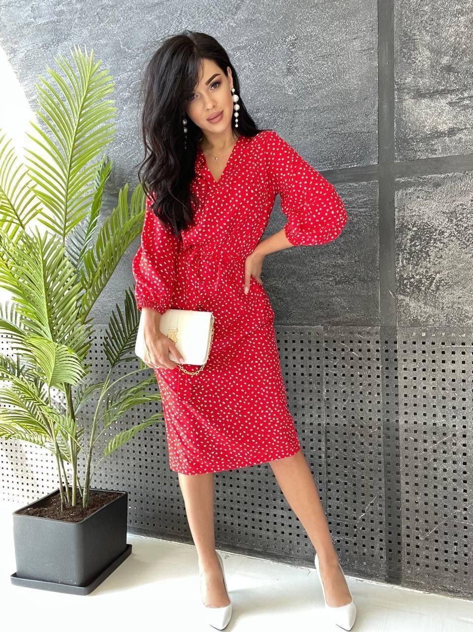 Стильне літнє плаття в горошок нижче коліна висока талія з поясом