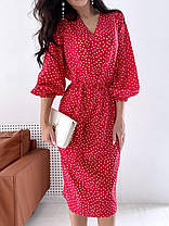 Стильне літнє плаття в горошок нижче коліна висока талія з поясом, фото 2