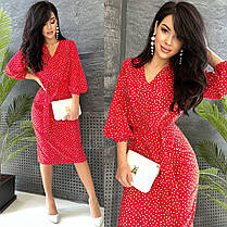 Стильне літнє плаття в горошок нижче коліна висока талія з поясом, фото 4