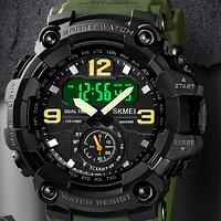 Чоловічий годинник Skmei Оригінал водонепроникний протиударний з підсвічуванням зелений ремінець