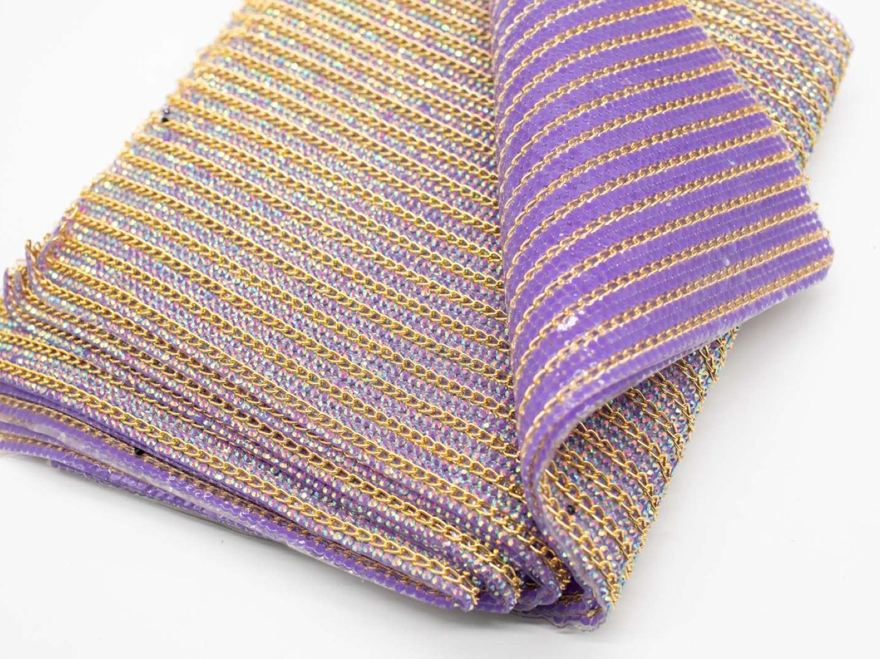 Стразова тканина 24х40см кольору "золото на фіолетовому" смугами шириною 1 см на силіконовій основі
