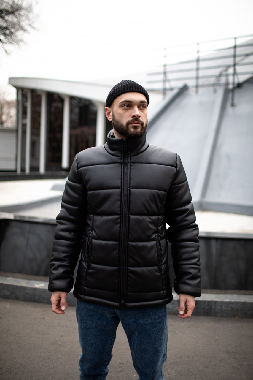 Чорна куртка чоловіча зі шкірозамінника чорна 'Skipper'. Стильна та тепла весняна куртка-пуховик еко - шкіра