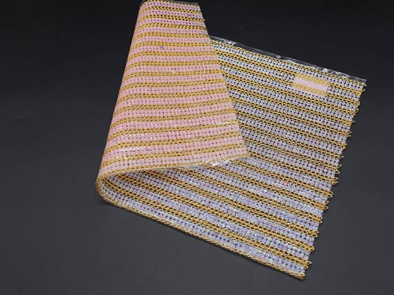 Стразова тканина кольору "кришталь у золоті" 24х40см смугами шириною 1,5 см на силіконовій термоклейовій основі, фото 2