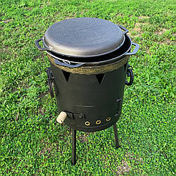 Комплект: казан чавунний 12 л "Брізол" із кришкою-сковродою та пічкою (піч без димаря, Ø 400 мм,3 мм стінки)