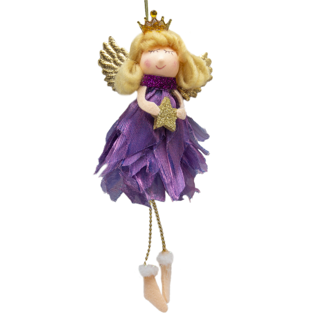 Новорічна ялинкова іграшка - фігурка Янголятко у фіолетовій сукні, 16 см, фіолетовий, текстиль (220723-3), фото 1