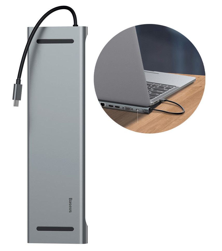 USB-Хаб Baseus Type-C - PD + 2 х HD4K + VGA +RJ45 +SD + TF + 3 х USB Сірий (CATSX-G0G)