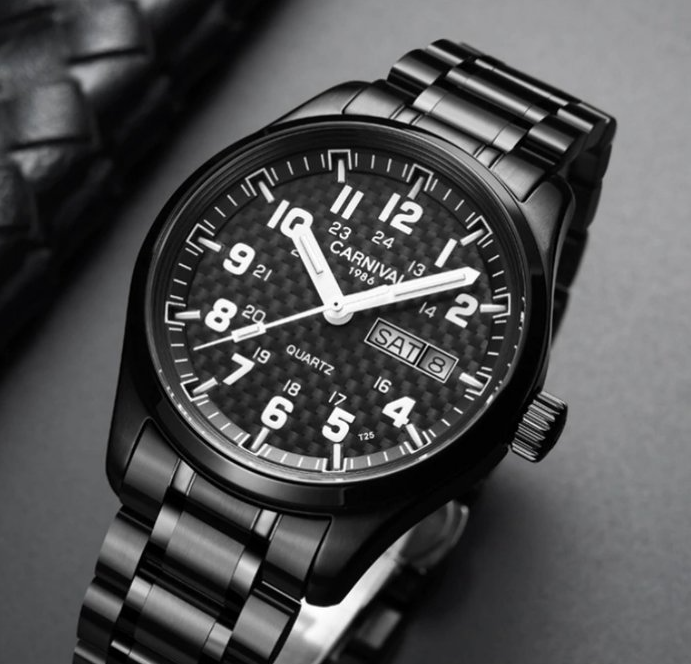 Стрільні кварцові класичні металеві чорні годинники з металевим ремінцем, фото 1