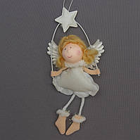 Новогодняя елочная игрушка - фигурка Ангелочек в белом платье звезда вверх, 14 см, белый, текстиль (220938-1)