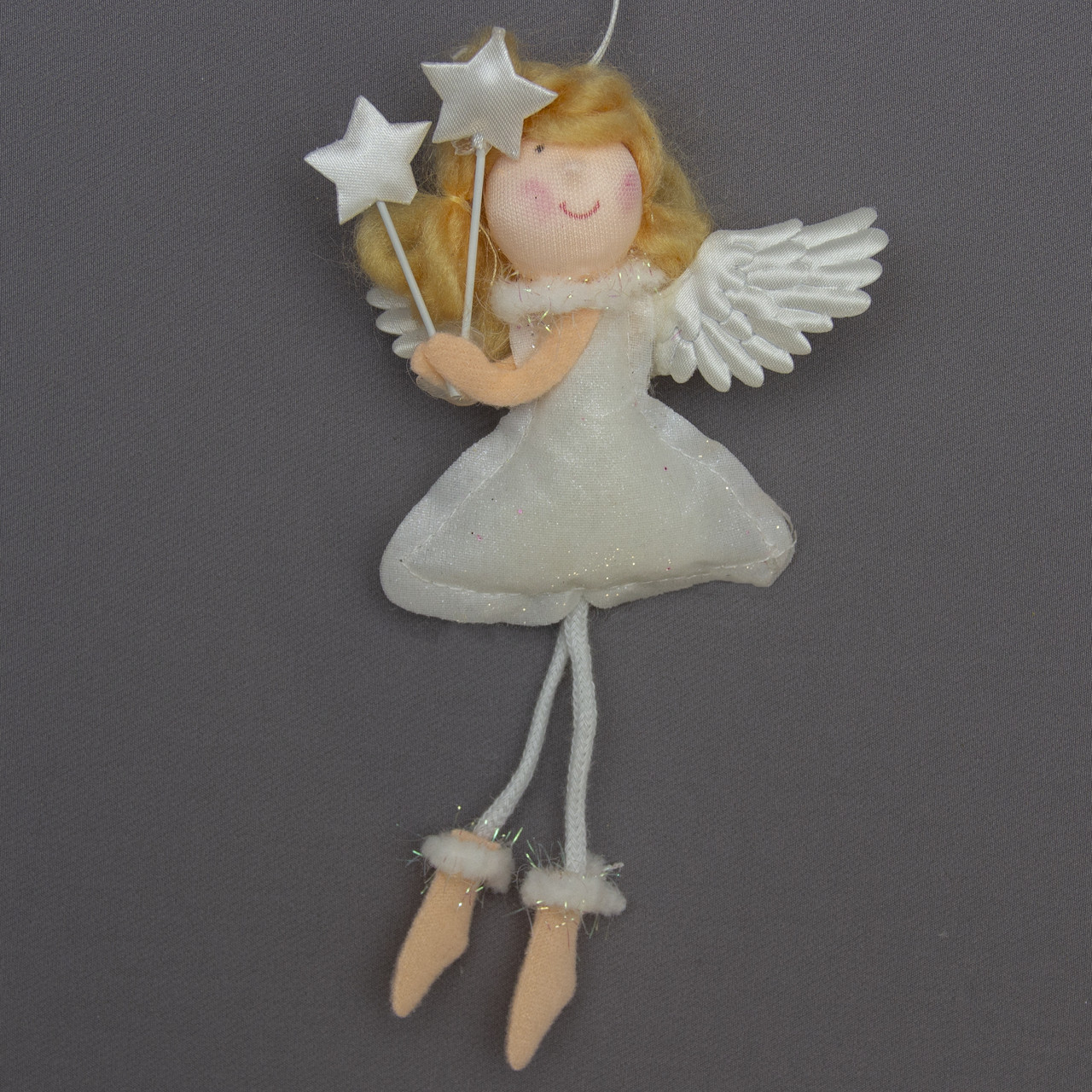 Новорічна ялинкова іграшка - фігурка Янголятко в білій сукні дві зірки, 14 см, білий, текстиль (220938-3), фото 1