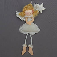 Новогодняя елочная игрушка - фигурка Ангелочек в белом платье звезда вправо вверх, 14 см, текстиль (220938-4)