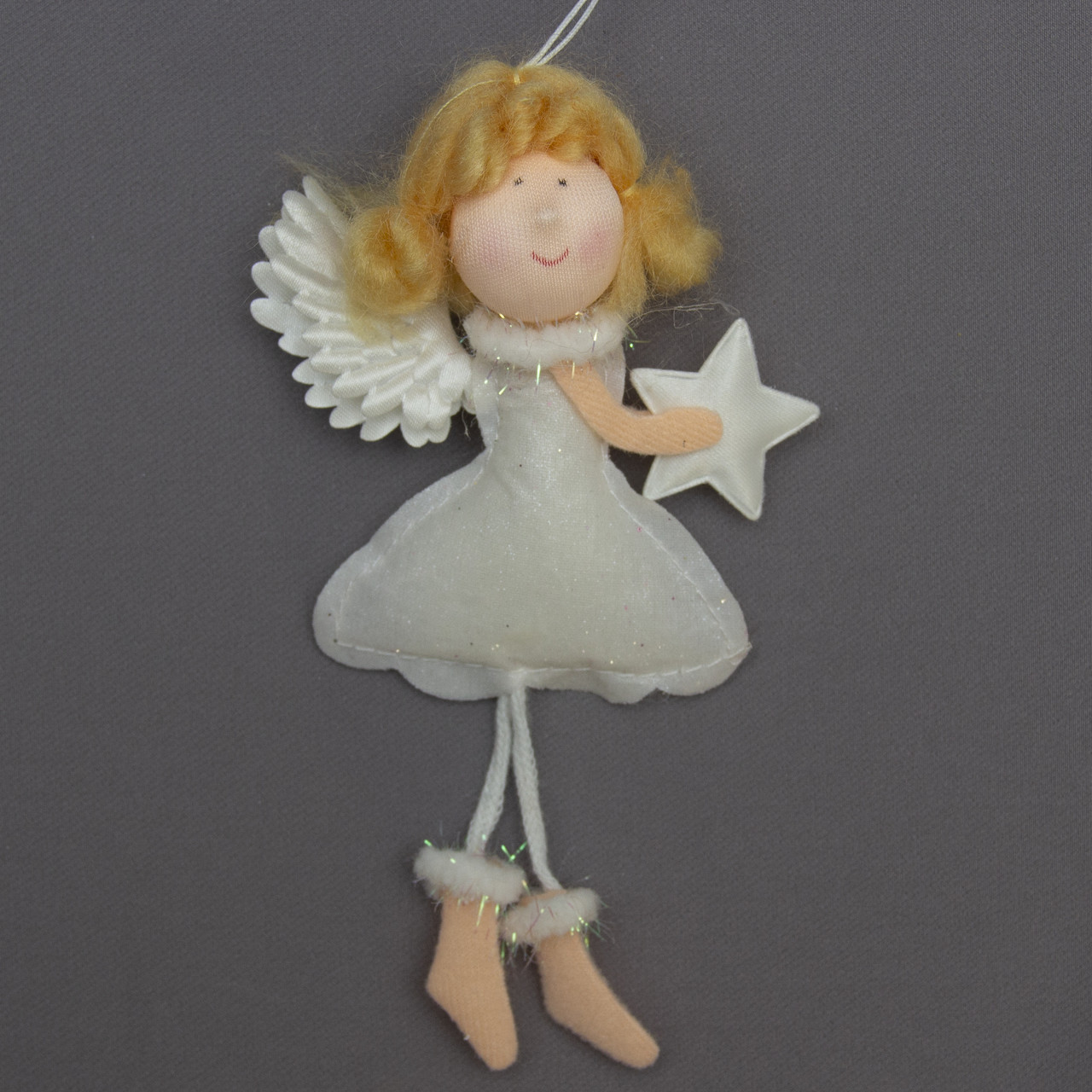 Новорічна ялинкова іграшка фігурка Янголятко в білій сукні зірка праворуч, 14 см, білий (220938-2), фото 1
