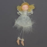 Новогодняя елочная игрушка фигурка Ангелочек в белом платье со снежинкой, 15 см, белый, текстиль