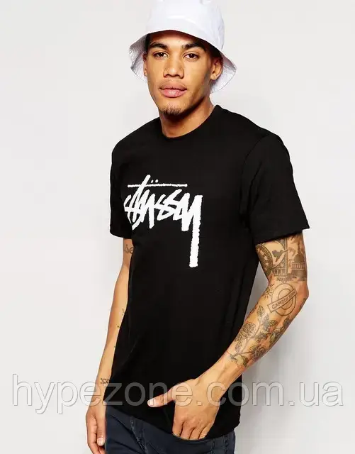 Чорна футболка хлопцю з принтом Stussy Стуссі Стильна молодіжна футболка Стасі хлопчику Спортивний одяг хб