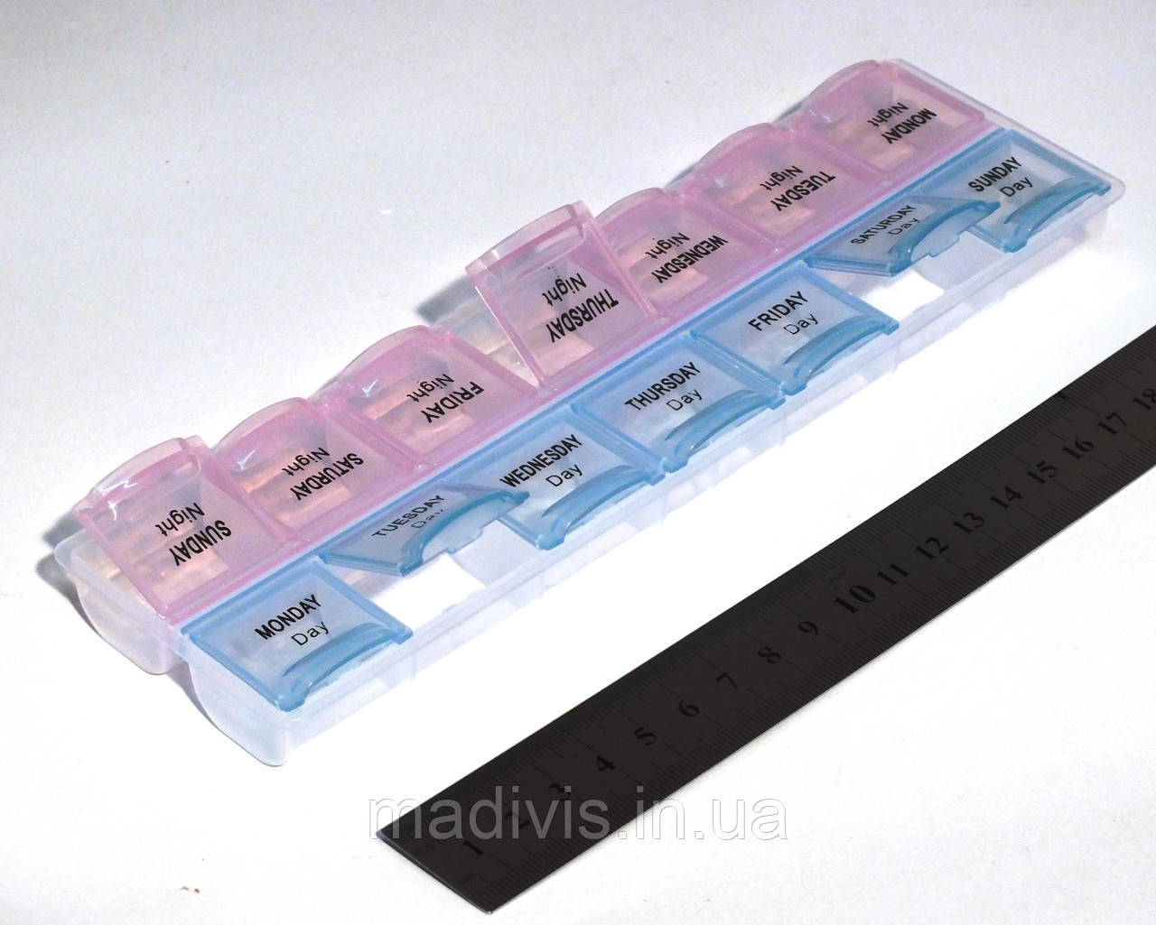 Контейнер для таблеток, органайзер таблетниця на 14 комірок (2 прийоми на день) 21х6х2 см, фото 1