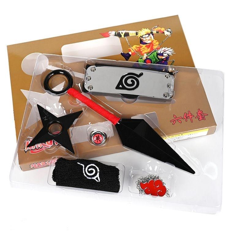 Набір металеві: пов'язка, кільце, ланцюжок "Акацукі", кунай 24 см, зірка-сюрикен, напульсник, фото 1