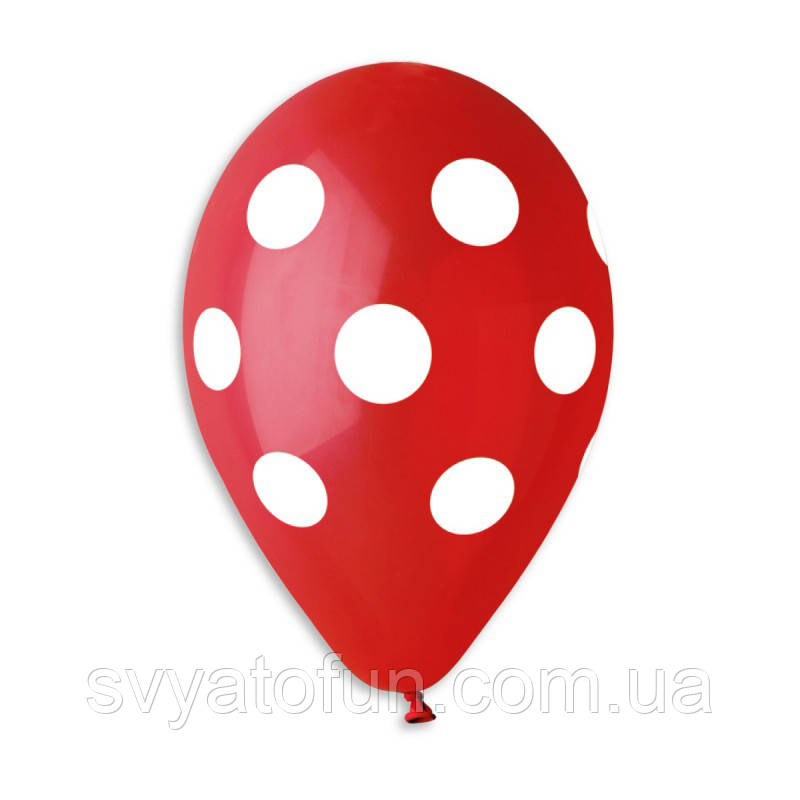 Латексні повітряні кульки "Горошок-полька білий на червоному", 12"(30см), 20 шт/уп., Gemar
