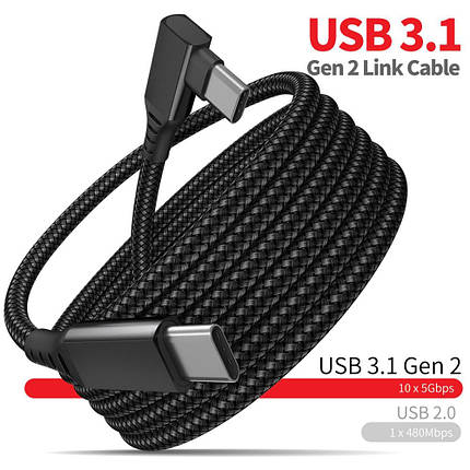 Кабель Type-C-Type-C Gtwin 90° Degrees Oculus Quest Gen2 Link VR USB 3.1 Gen2 5Gbps 5A 5m Black, фото 3