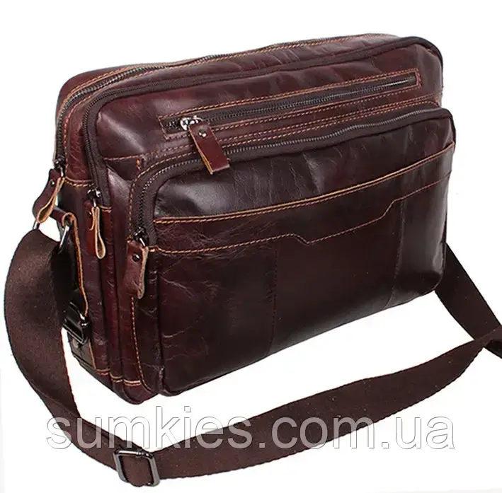 Шкіряна чоловіча сумка через плече es1863 коричнева для документів А4 ноутбука 36х25см