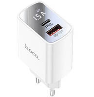 Адаптер сетевой HOCO DC27, USB, Type-C, 20W, 3A, PD, QC, белый