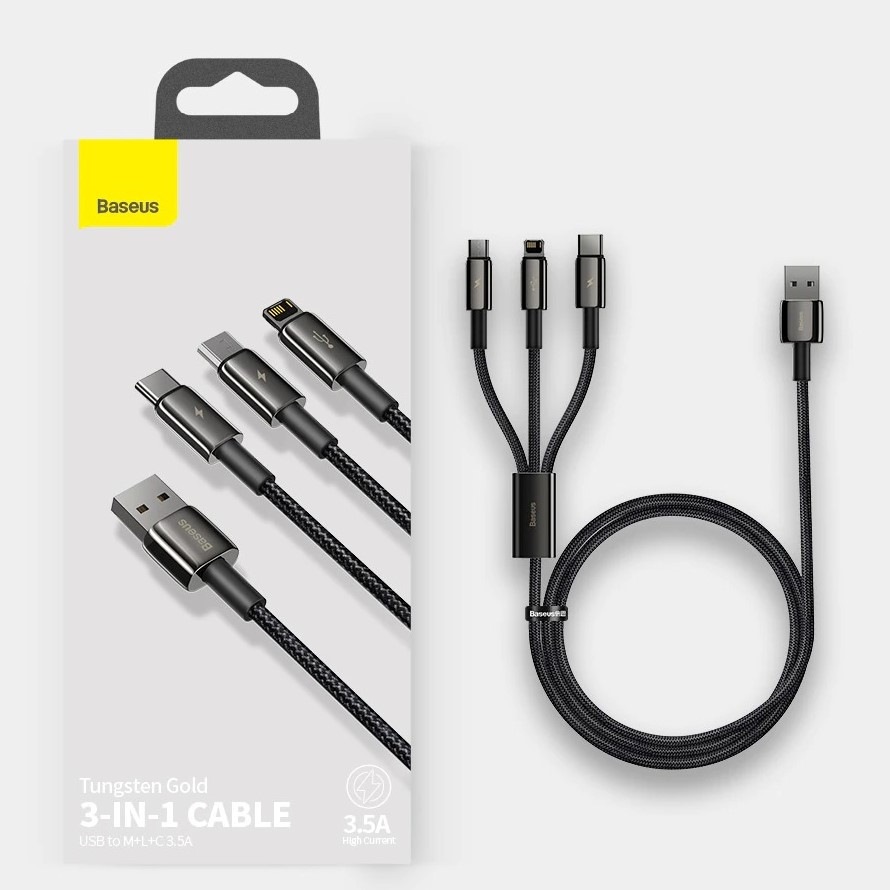 Кабель для зарядки 3в1 USB на Lightning+MicroUSB+Type-C BASEUS 3.5А Tungsten Gold One-for-three Fast Charging 1.5м, фото 1