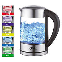 Чайник електричний скляний з регулюванням температури електрочайник на 1,7 літрів Adler AD 1247 2200Вт срібний