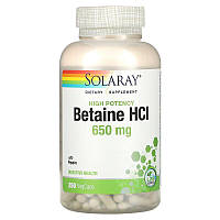 Бетаин HCl + пепсин, HCL with Pepsin, Solaray, 650 мг, 250 капсул (SOR-04815)