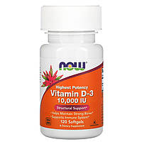 Витамин Д3, Vitamin D-3, Now Foods, 10 000 МЕ, 120 капсул. (NOW-00376)