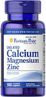 Кальций магний цинк хелат, Chelated Calcium Magnesium Zinс, Puritan's Pride, 100 капсул (PTP-14290)