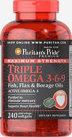 Омега 3-6-9, Maximum Strength Triple Omega 3-6-9 Fish, Flax & Borage Oils, Puritan's Pride, 240 капс