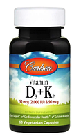 Витамин Д3 и К2, Vitamin D3+K2, Carlson Labs, 60 капсул (CAR-10610)