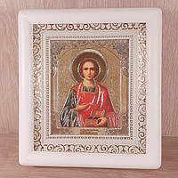 Икона Пантелеймон святой Великомученик и целитель , лик 10х12 см, в белом деревянном киоте