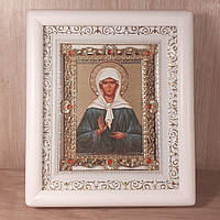 Икона Матрона Московская святая Блаженная, лик 10х12 см, в белом деревянном киоте с камнями