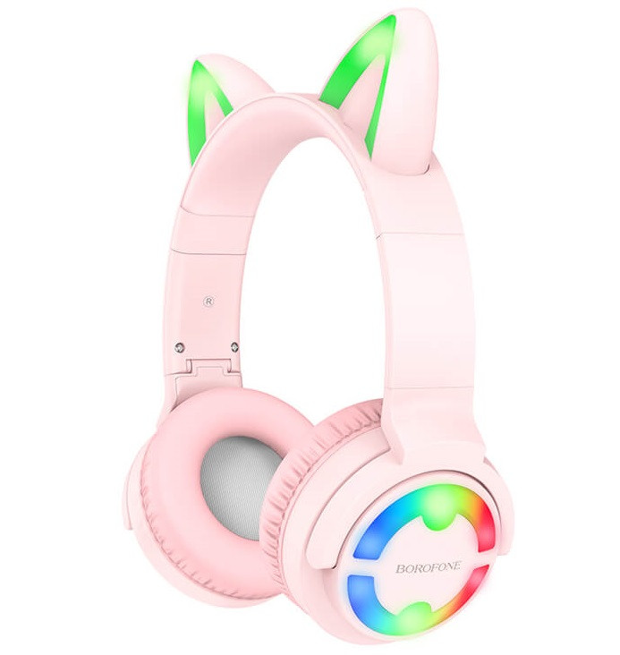 Навушники бездротові Bluetooth BOROFONE Cat ear BO15 з підсвічуванням, рожеві
