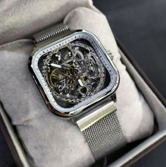 Механічні срібний красивий жіночий годинник стильний наручний з металевим ремінцем, фото 1