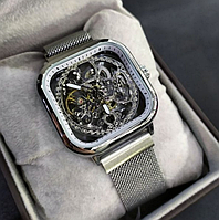 Механічні срібний красивий жіночий годинник стильний наручний з металевим ремінцем